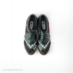 کفش دست دوز سبز یشمی تیره سوزندوزی ترکمن 2 سایز 40 چاوان گنجه رخت